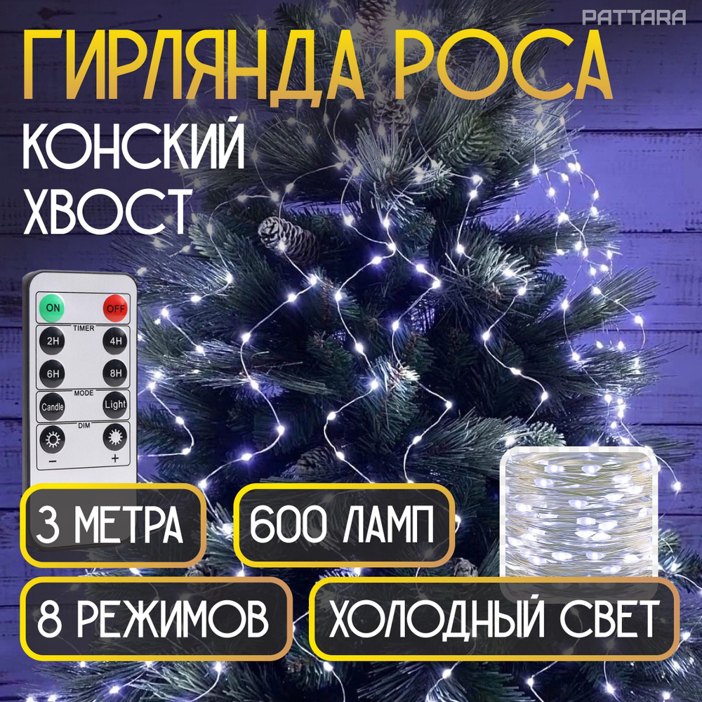 Гирлянда конский хвост роса на елку 3 метра 20 нитей 600 ламп новогодняя светодиодная электрогирлянда #1