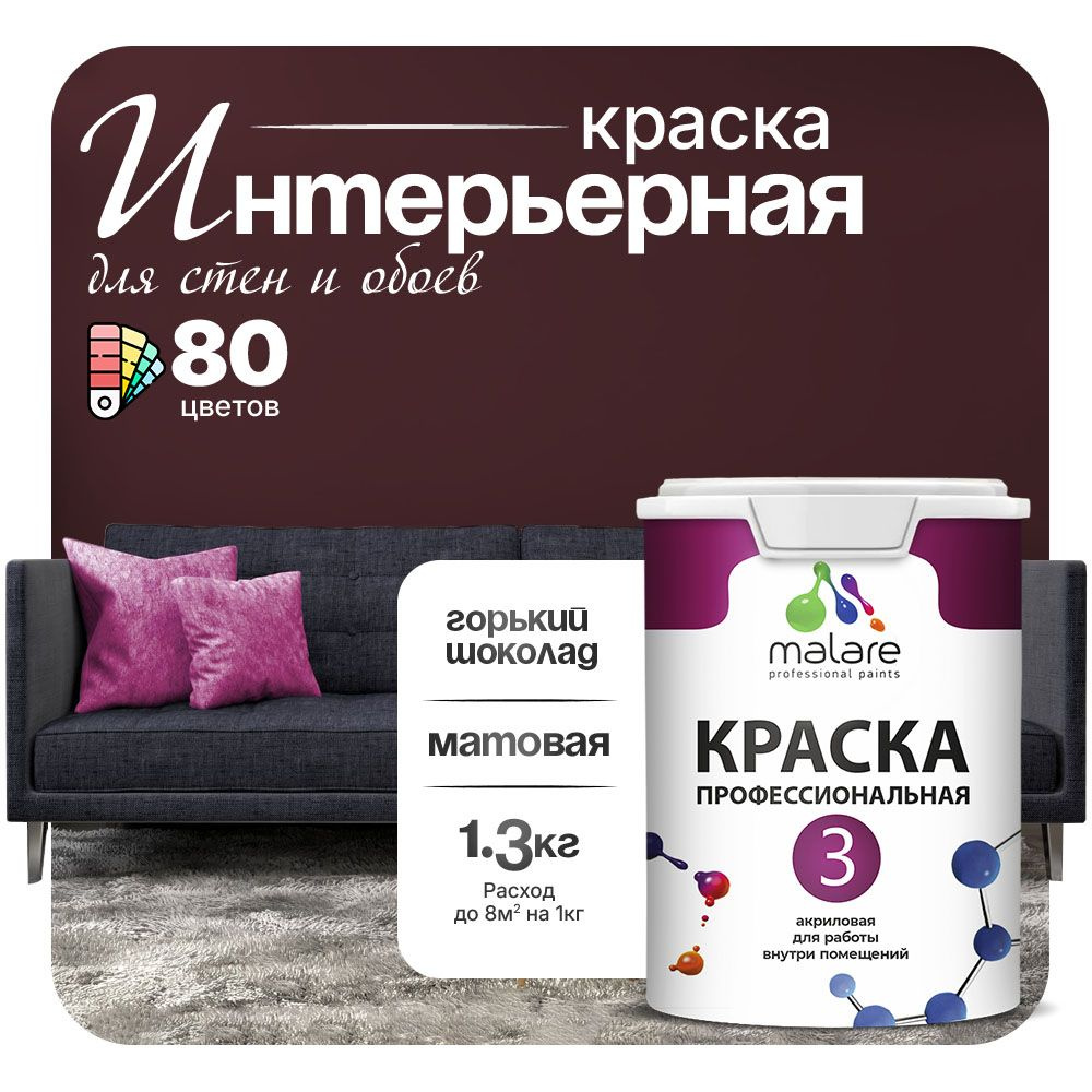 Краска Malare Professional Euro №3 интерьерная для стен и обоев, для потолка, акриловая, быстросохнущая, #1