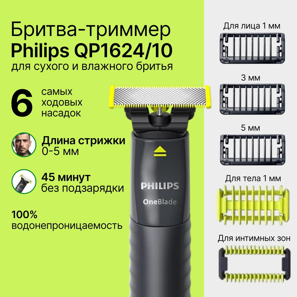 Бритва триммер Philips OneBlade (QP1624/10) для лица и тела #1