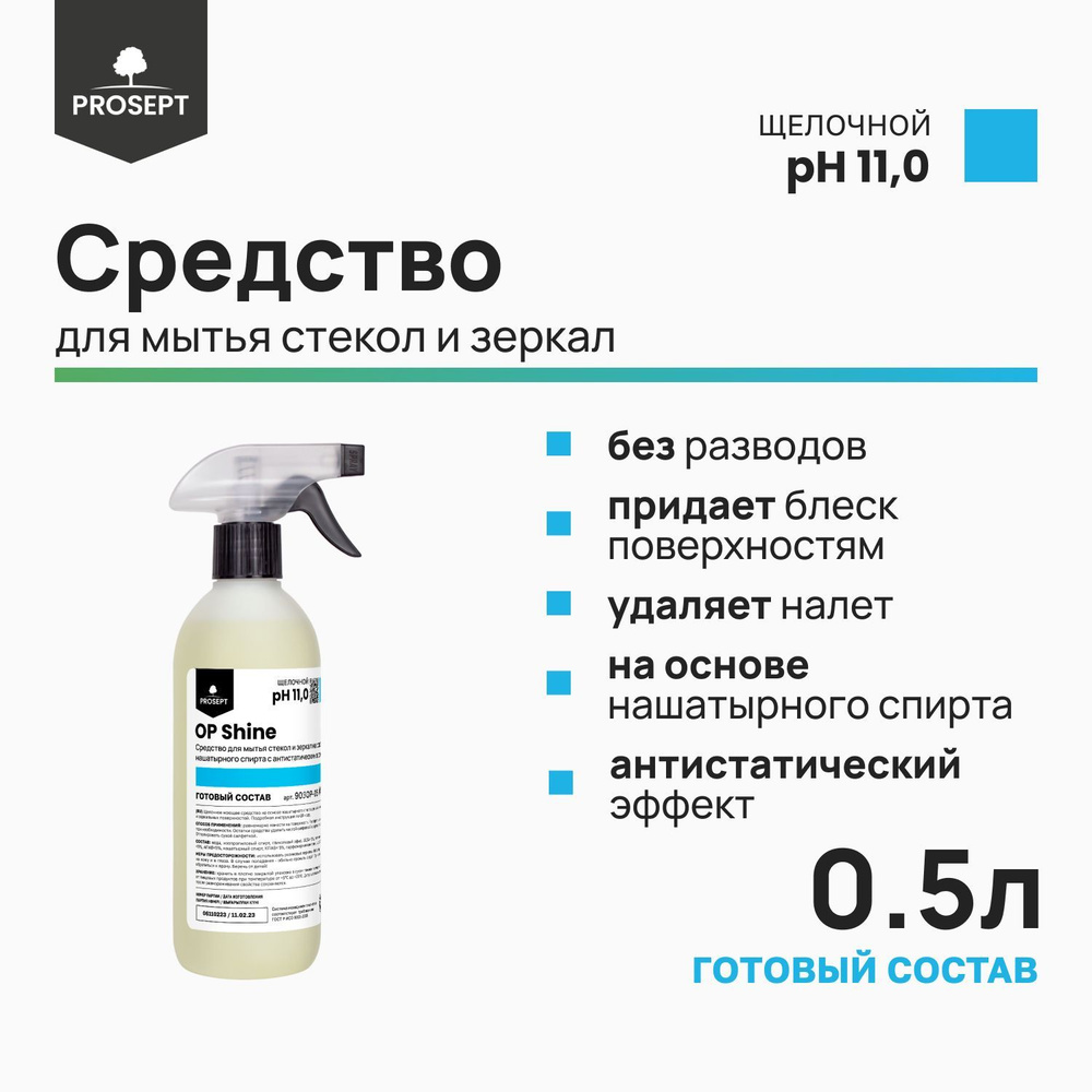 Профессиональное. Средство для мытья стёкол, окон и зеркал на основе нашатырного спирта OP Shine PROSEPT #1