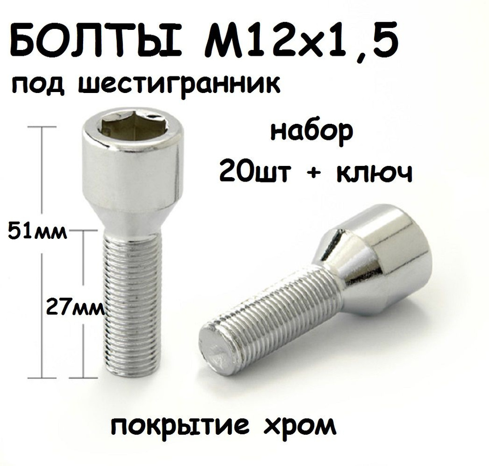 Болты колесные М12х1.5 под шестигранник блистер 20шт+ключ #1