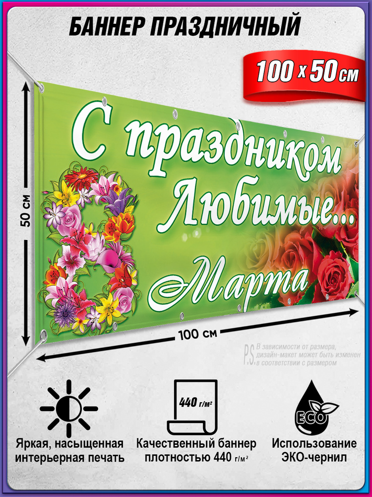 Баннер с поздравлением на 8 марта "С праздником, милые женщины" / 1x0.5 м. #1