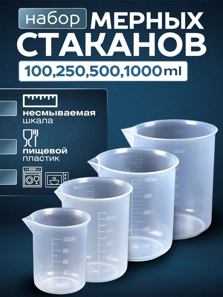 Мерный стакан с носиком 1000 мл, 500 мл, 250 мл, 100 мл / Набор мерных емкостей, 4 шт. #1
