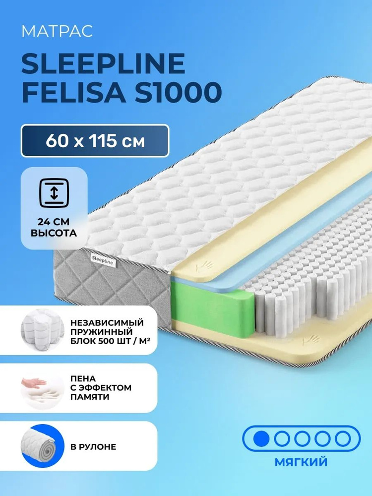 Матрас 60х115 Sleepline Felisa S1000, независимые пружины, двусторонний с разной жесткостью, мягкий, #1