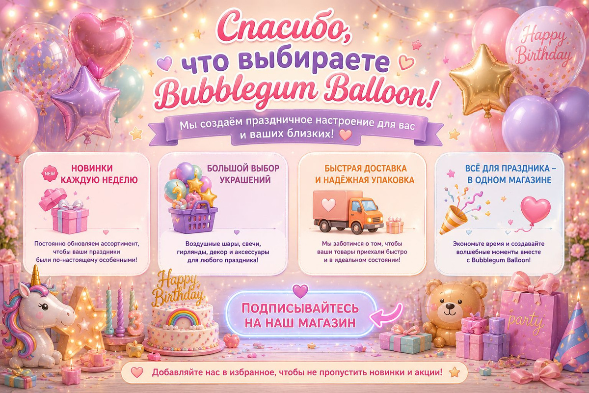 Спасибо за выбор магазина Bubblegum Balloon. Всё для ярких праздников и особых событий.