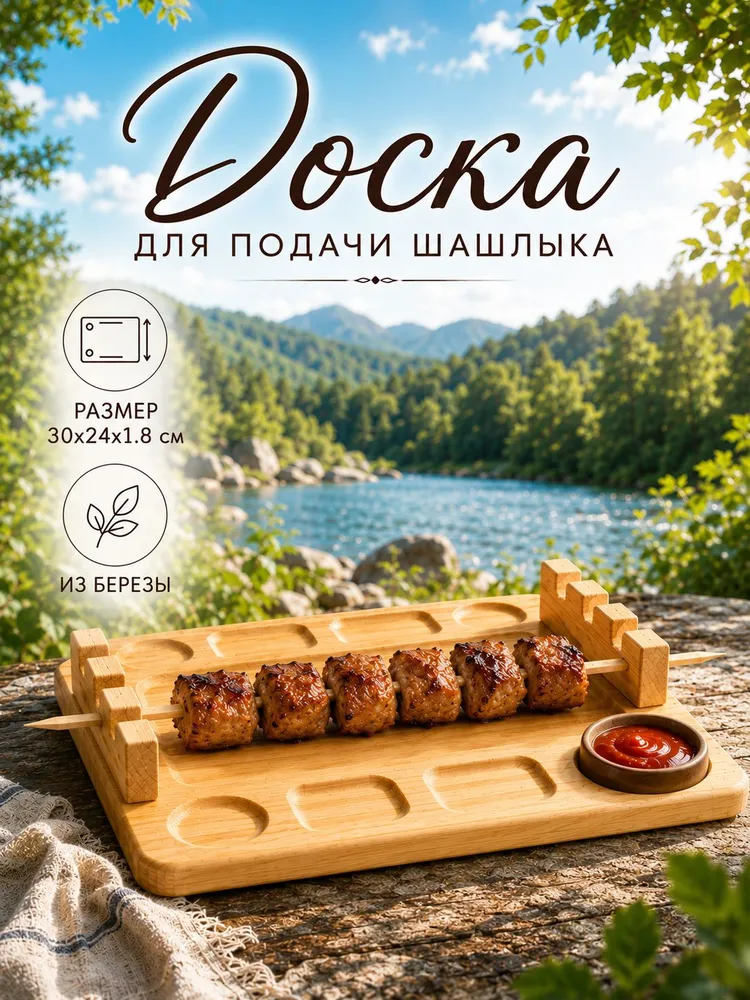 Доска сервировочная для подачи шашлыка, 30х24 см, деревянная