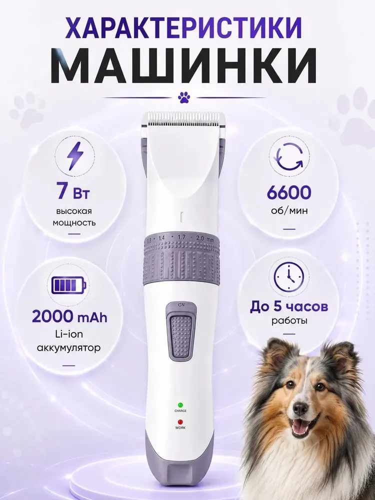 Машинка для стрижки животных D6 бесшумная (до 50 дБ), для кошек и мелких пород, беспроводная, с 6 насадками, вариант, фото 2