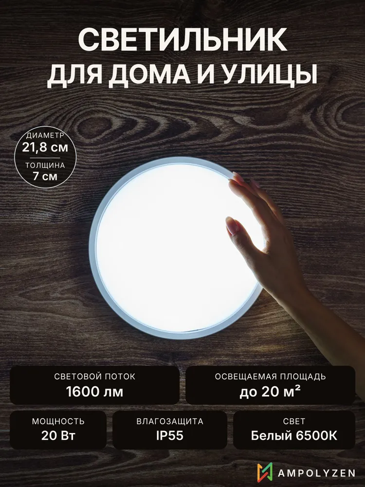 Светильник настенный светодиодный в ванную, влагозащищенный бра IP55 20 Вт, Круглый, Белый, 20 Вт