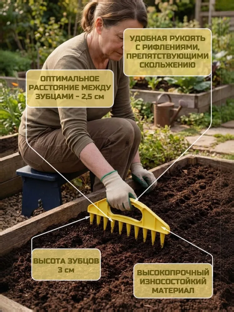 Сеялка для семян ручная, разбрасыватель, лункообразователь для рассады, гребенка зеленая, желтый, фото 3