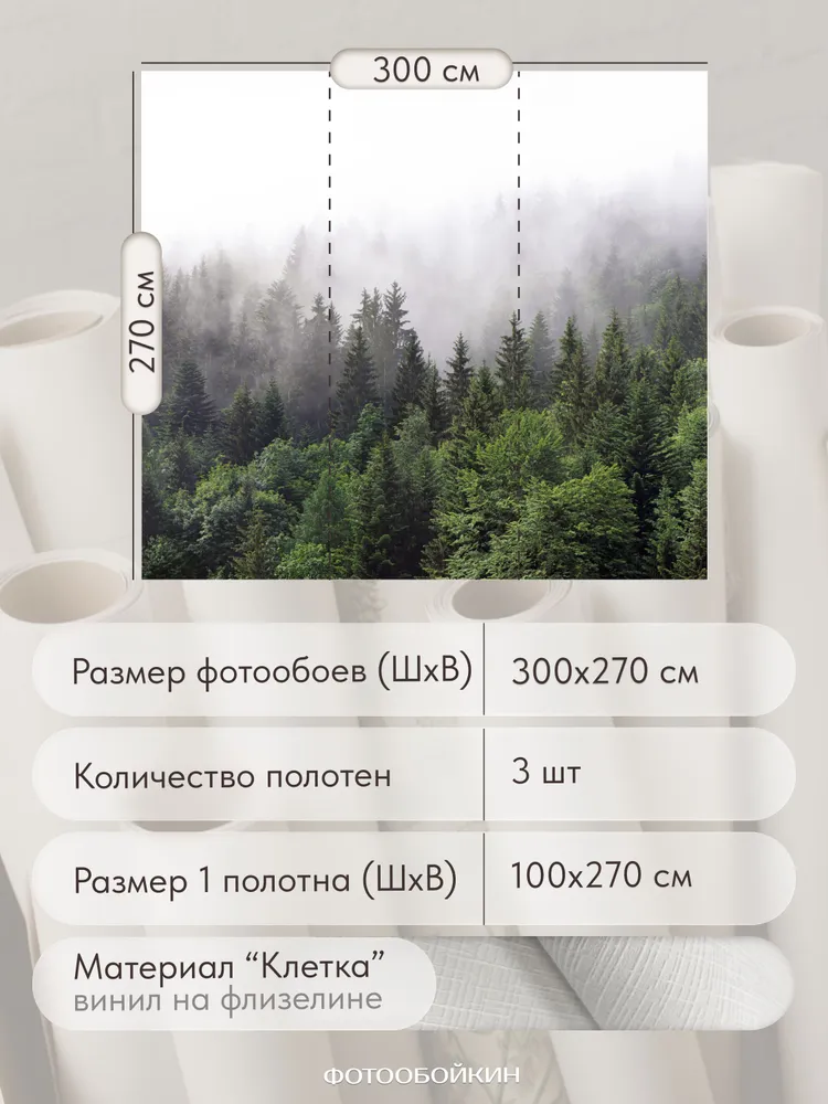 Фотообои 3d флизелиновые на стену 300х270 см "Лес в тумане" виниловые фото обои в зал, спальню, гостиную, на кухню, 300x270 см, фото 2