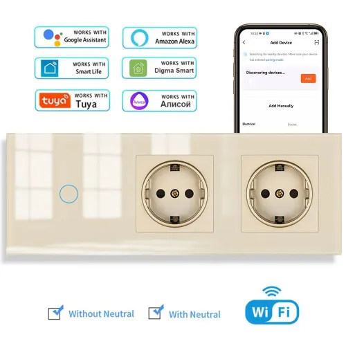 Умный сенсорный WIFI выключатель с двумя розетками в одной стеклянной рамке для Алисы, одноклавишный