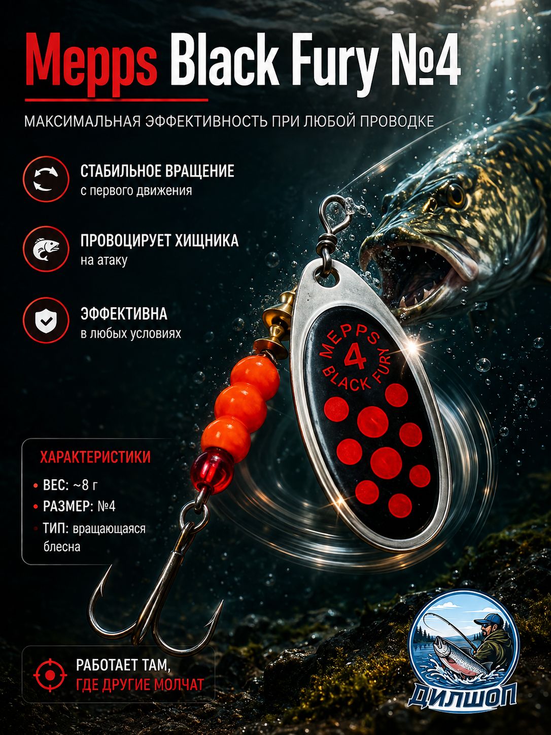Блесна вращающаяся для рыбалки Mepps BLACK FURY №4 на щуку, окуня, форель