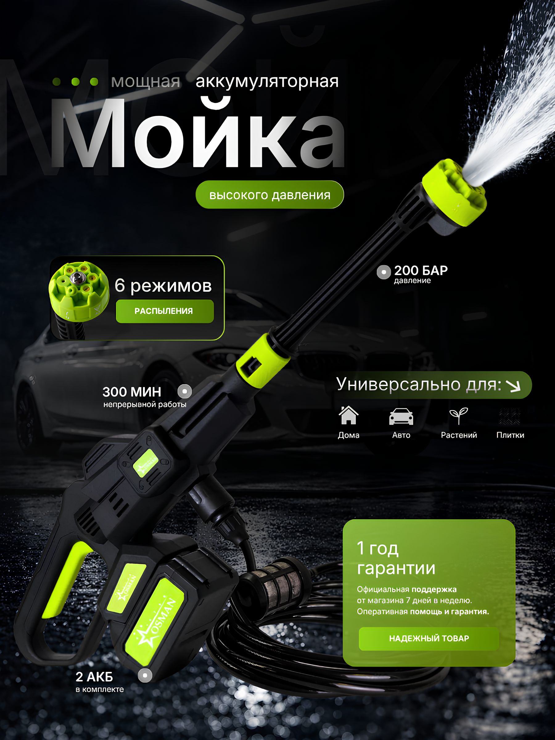 ai様【超美品】SWELLY Back Open OP BLACKMOON Мощная аккумуляторная мойка высокого давления 2 АКБ, портативная