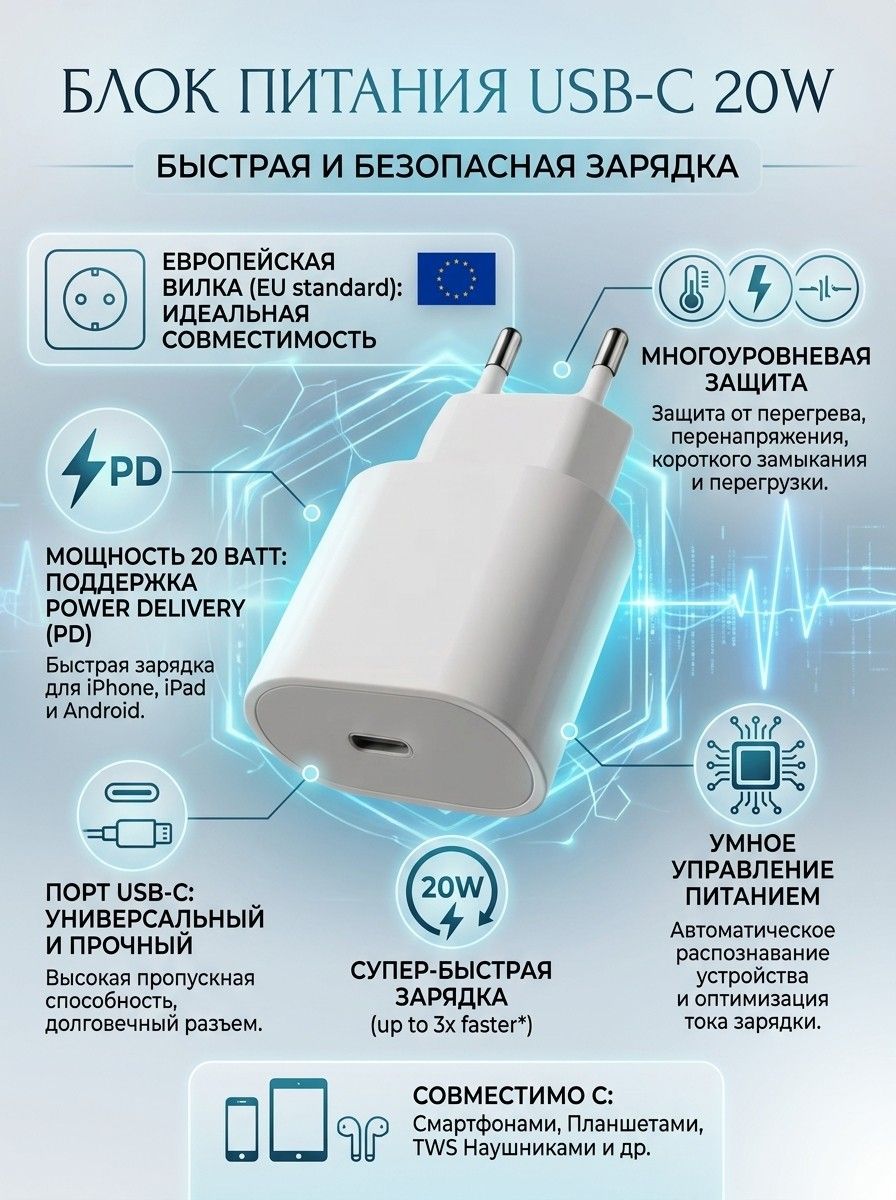 Зарядноеустройство20WUSB-CPowerDelivery/быстраязарядкадлятелефонаблокпитаниядляiPhone,Samsung,Xiaomi