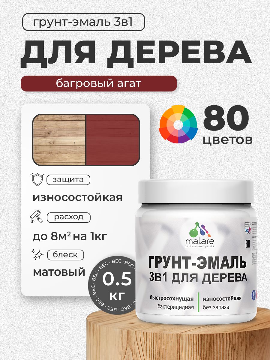 Акриловая Грунт-Эмаль 3 в 1 Malare для деревянных поверхностей с антисептическим эффектом, быстросохнущая, моющаяся без запаха матовая, багровый агат, 0.5 кг
