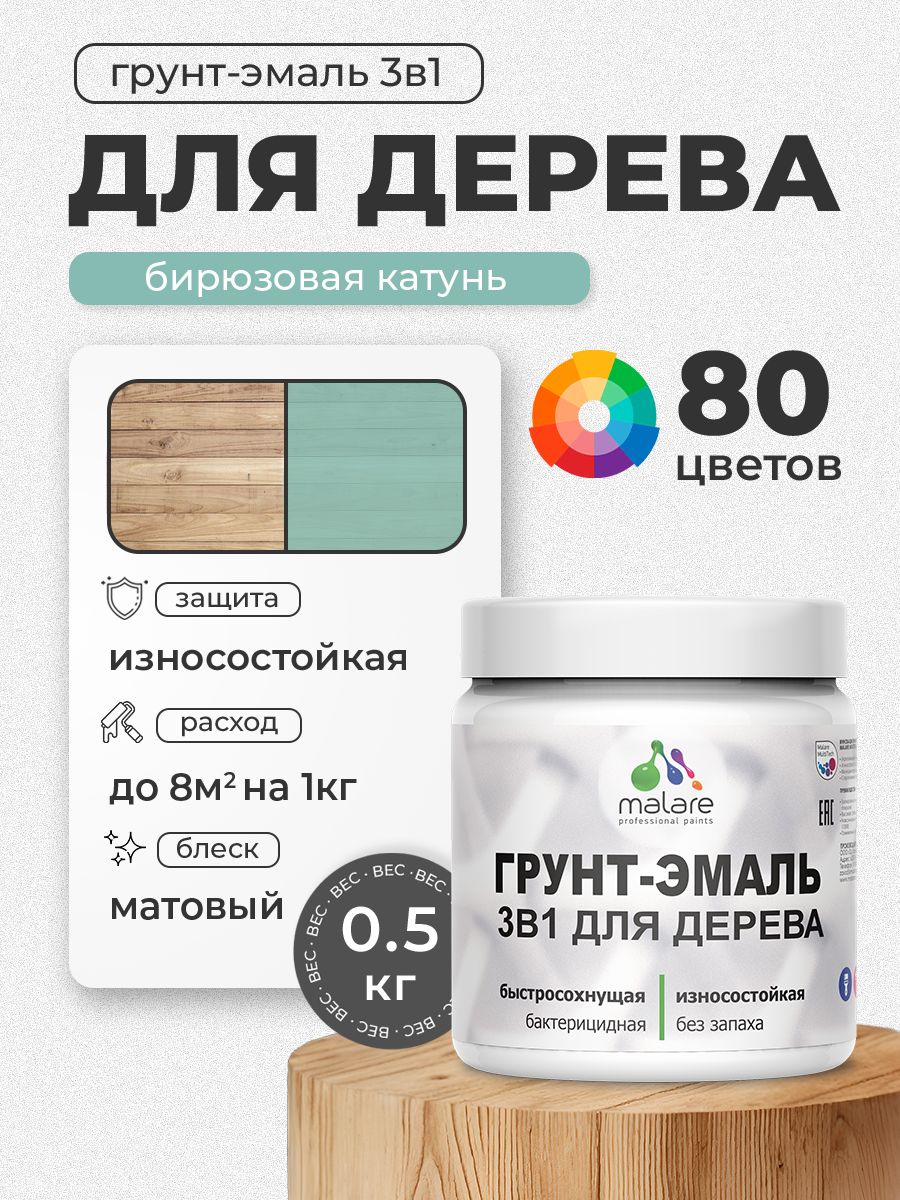 Акриловая Грунт-Эмаль 3 в 1 Malare для деревянных поверхностей с антисептическим эффектом, быстросохнущая, моющаяся без запаха матовая, бирюзовая катунь, 0.5 кг