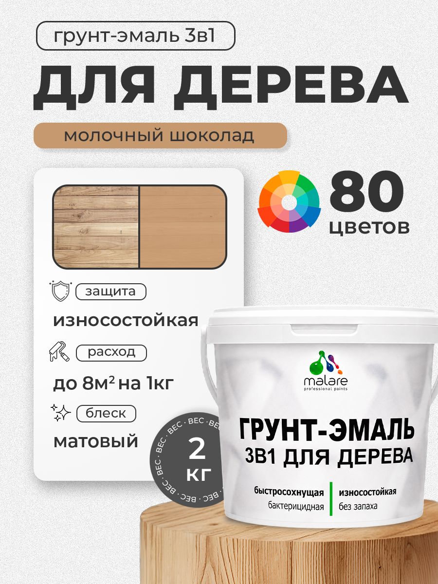 Акриловая Грунт-Эмаль 3 в 1 Malare для деревянных поверхностей с антисептическим эффектом, быстросохнущая, моющаяся без запаха матовая, молочный шоколад, 2 кг