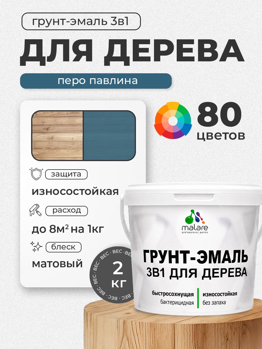 Акриловая Грунт-Эмаль 3 в 1 Malare для деревянных поверхностей с антисептическим эффектом, быстросохнущая, моющаяся без запаха матовая, перо павлина, 2 кг