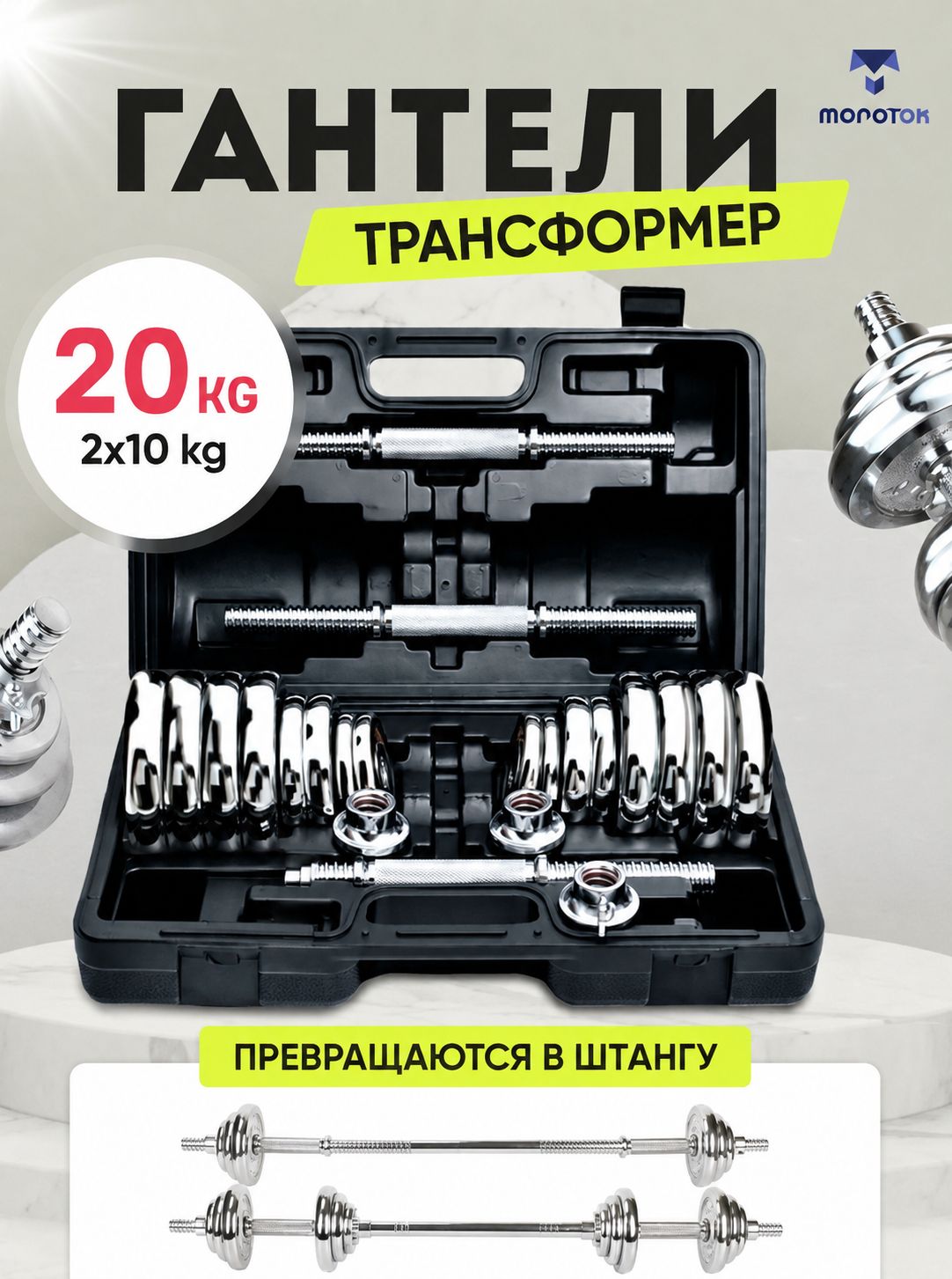 Гантели разборные с грифом набор 20 кг, стальные 2 шт по 10 кг в кейсе с коннектором для штанги