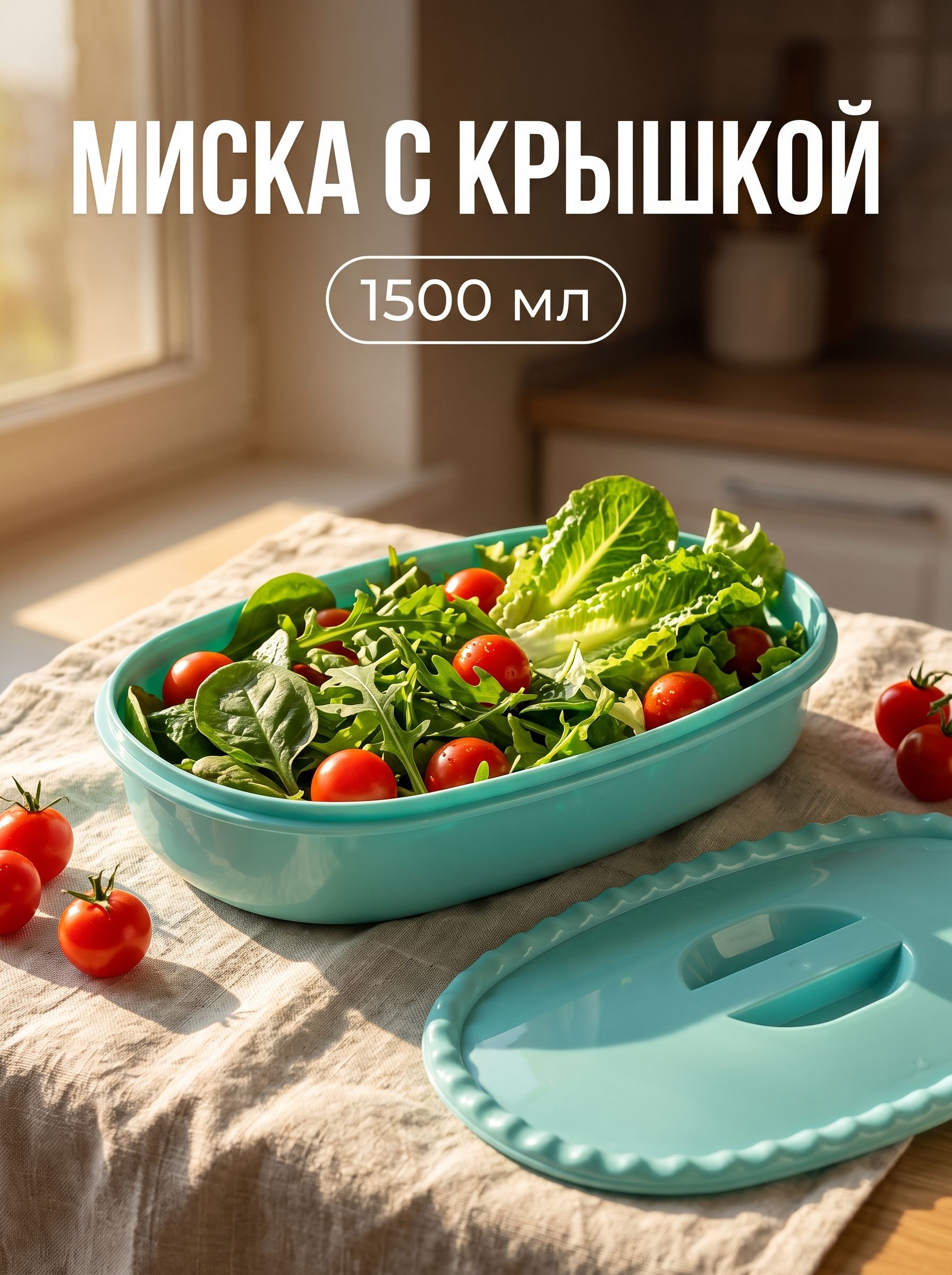 Миска с крышкой, объем 1,5 л, прямоугольная, аквамариновая