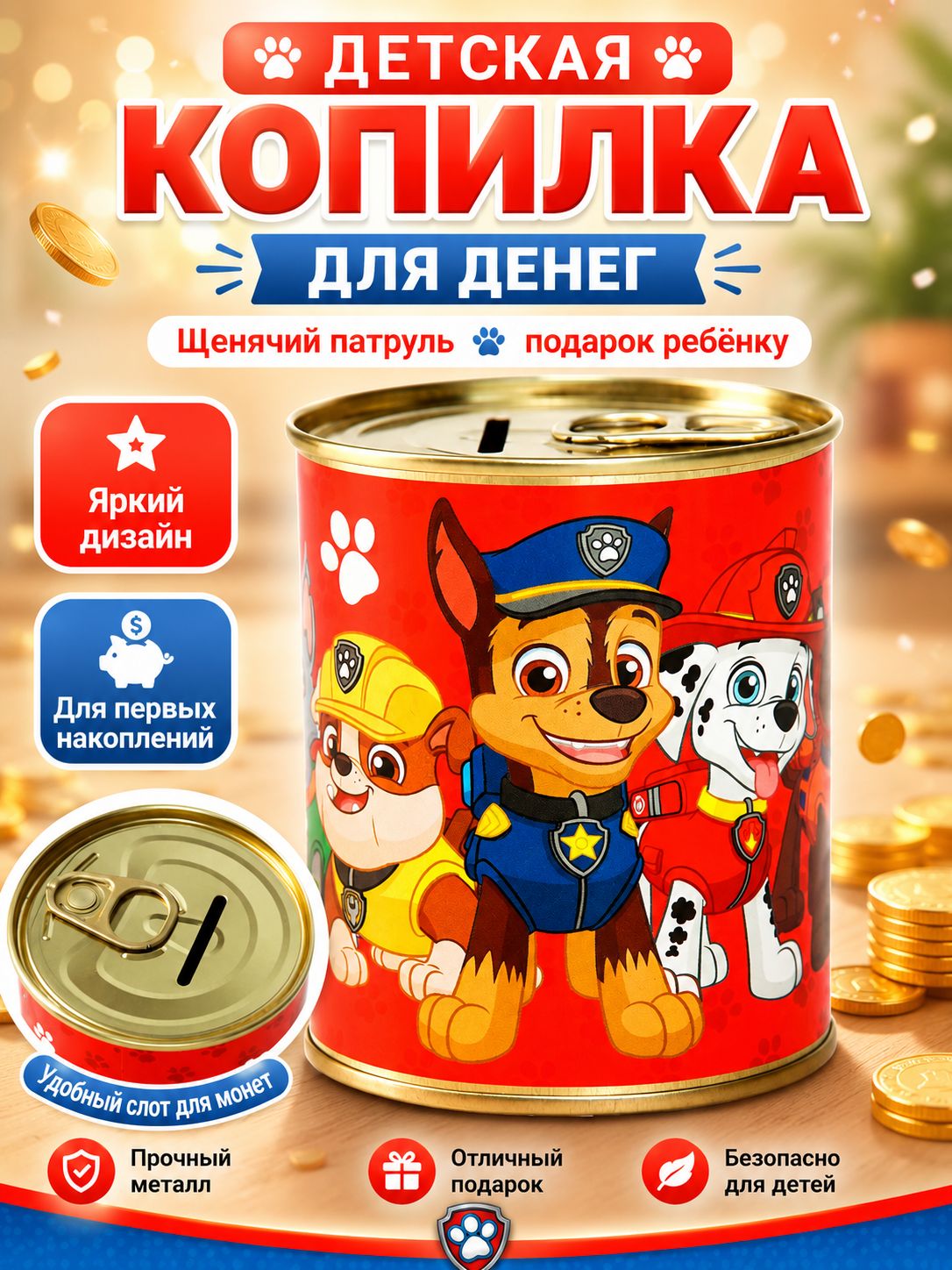 Копилка для денег детская Щенячий патруль, подарок ребёнку размер 9,5 х 7,5 см