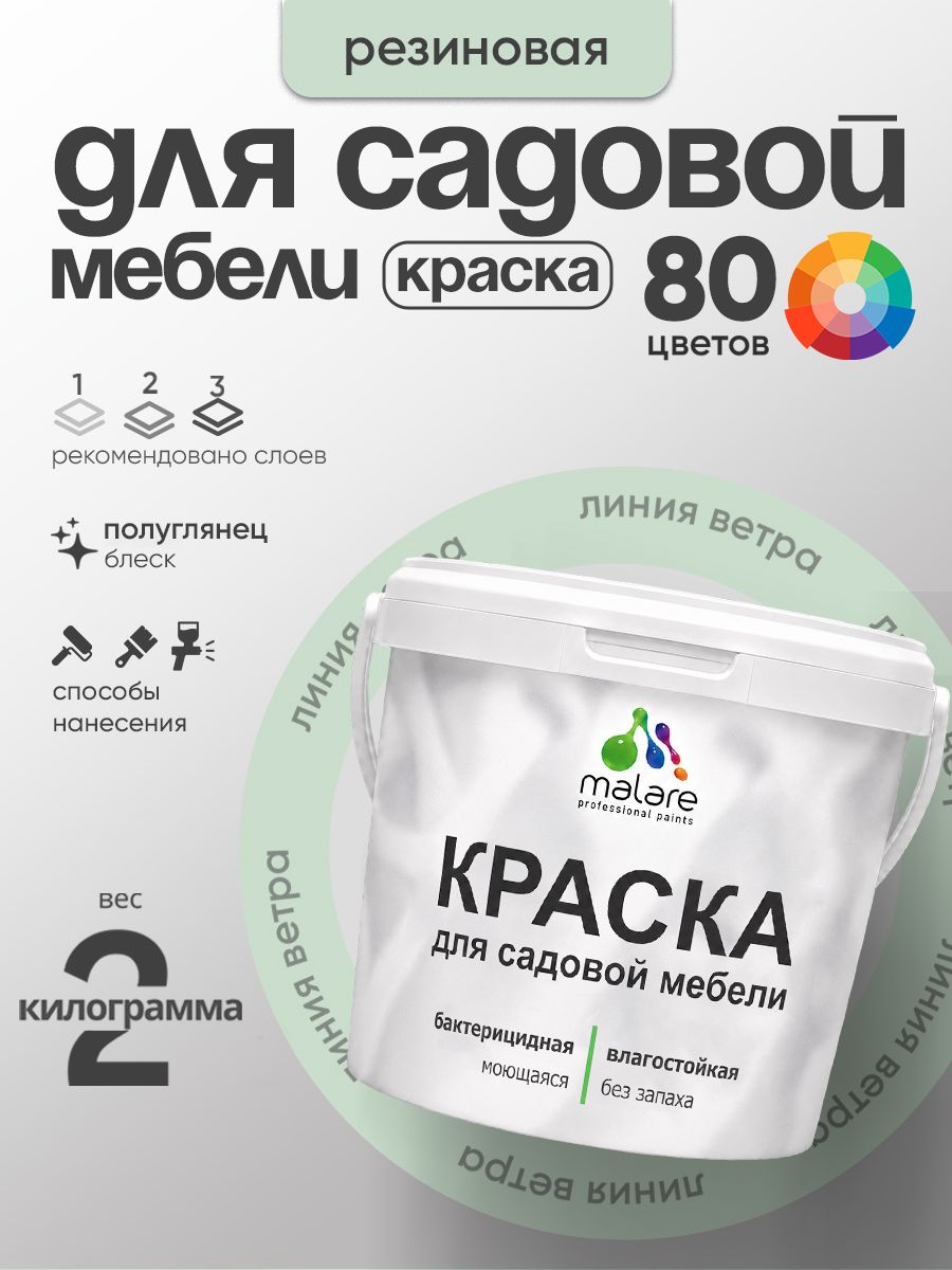 Резиновая краска Malare для садовой мебели/ по дереву, для наружных и внутренних работ/ быстросохнущая моющаяся без запаха полуглянцевая, линия ветра, 2 кг