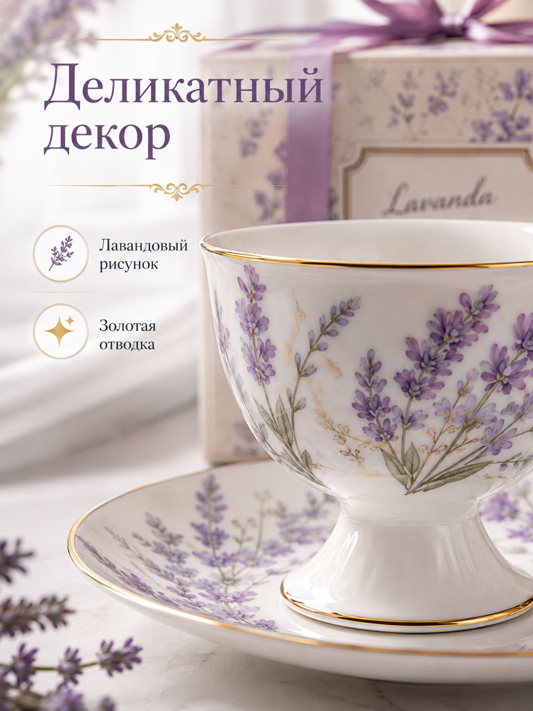 Чайная пара Лаванда RS/12-FY22003, 2 предмета, чашка 250 мл, костяной фарфор, на ножке, в подарочной коробке Чайная пара Лаванда RS/12-FY22003, 2 предмета, чашка 250 мл, костяной фарфор, на ножке, в подарочной коробке