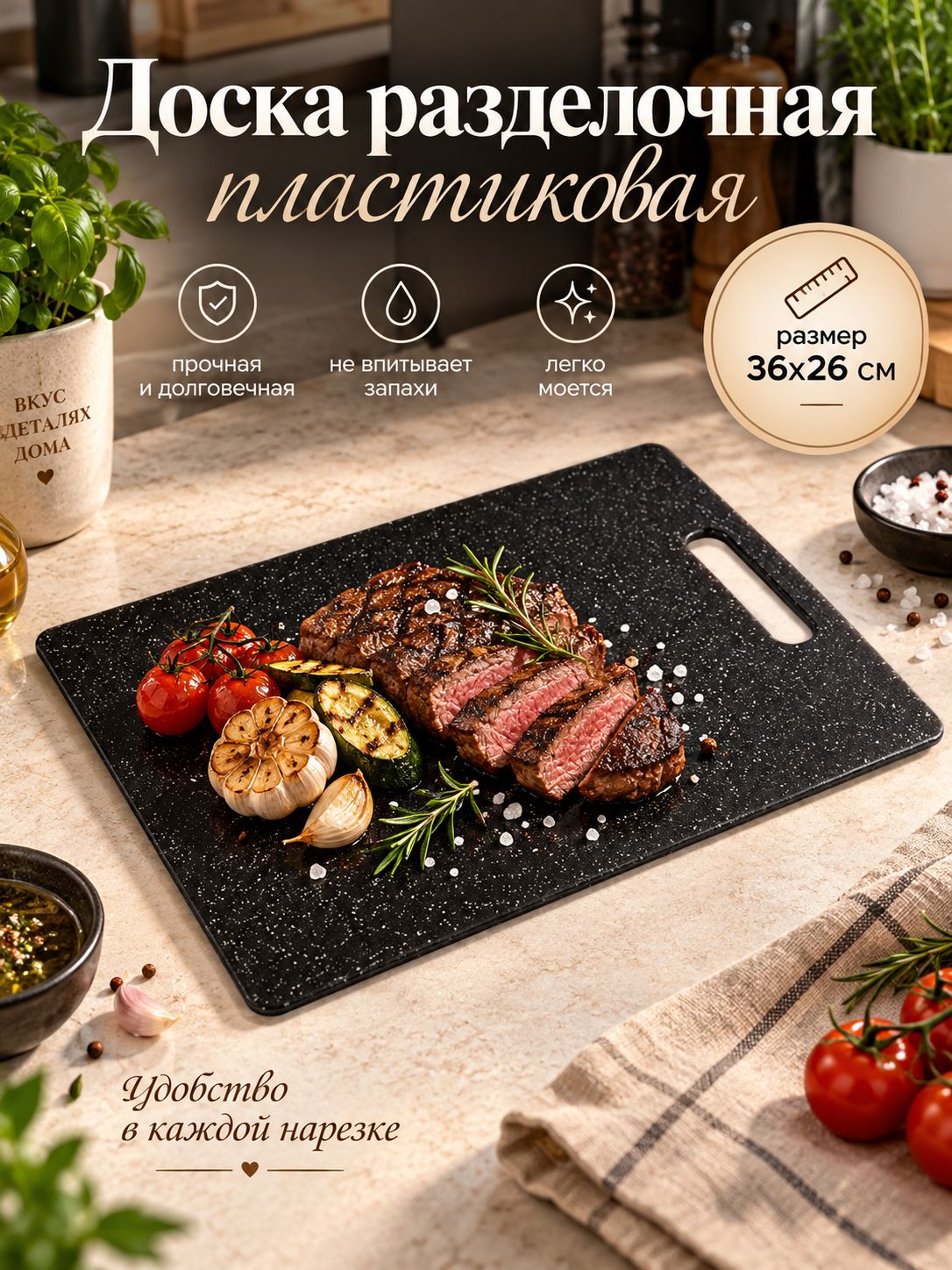 Доска разделочная Доляна Морбио , 6 26 0.7 см, пластик PP, чёрная