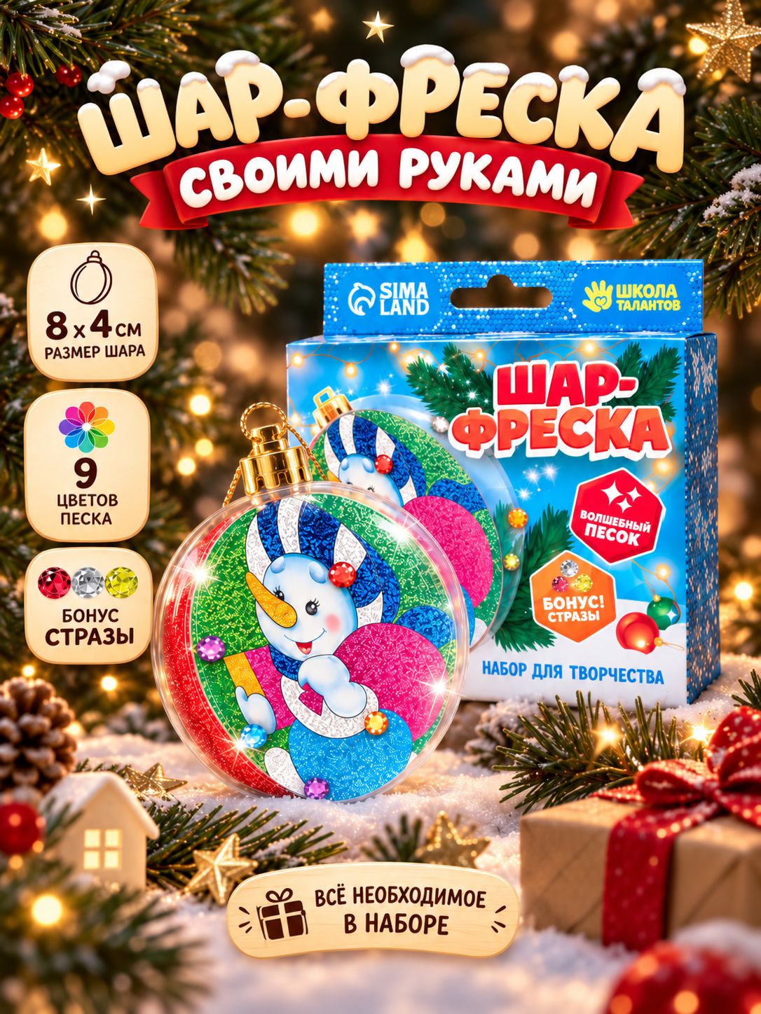 Елочный шар фреска своими руками, "Снеговик", 8 см, 9 цветов, набор для творчества, новогодние подарки для детей 2027