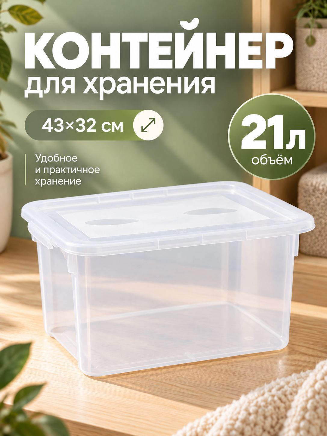 Контейнер для хранения, пластиковый с крышкой 21 л, 43х32х27 см