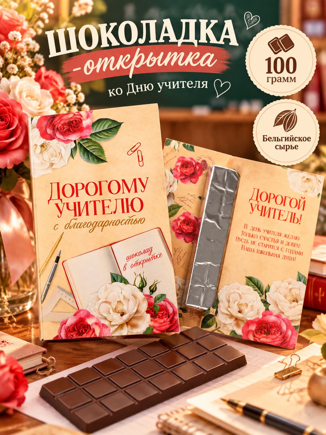 Шоколад подарочный "Дорогому учителю" с открыткой, 100 гр.