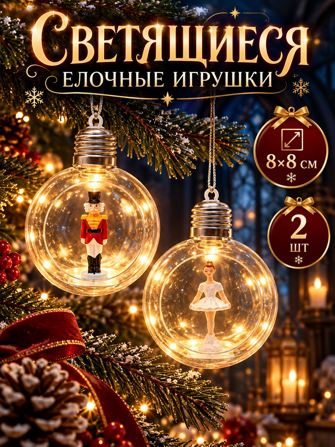 Елочная игрушка шар со светом с фигуркой полистоун "Щелкунчик"