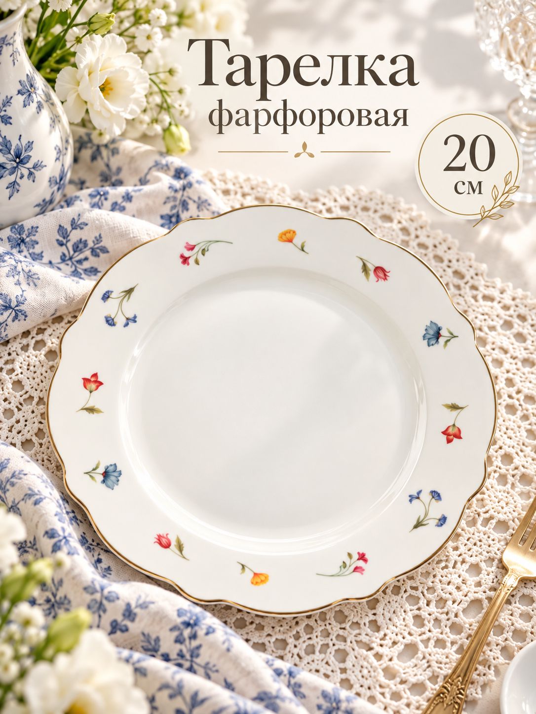 Тарелка плоская 20 см, WY "Flowers song", премиум-фарфор, десертная, сервировочная