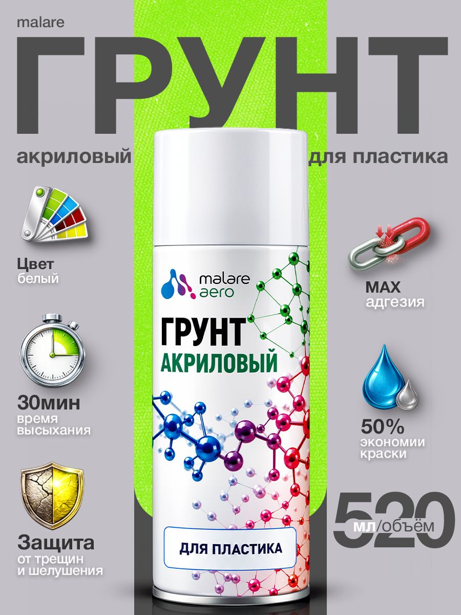 Грунт для пластика Malare акриловый адгезионный, быстросохнущий, белый, 520 мл.