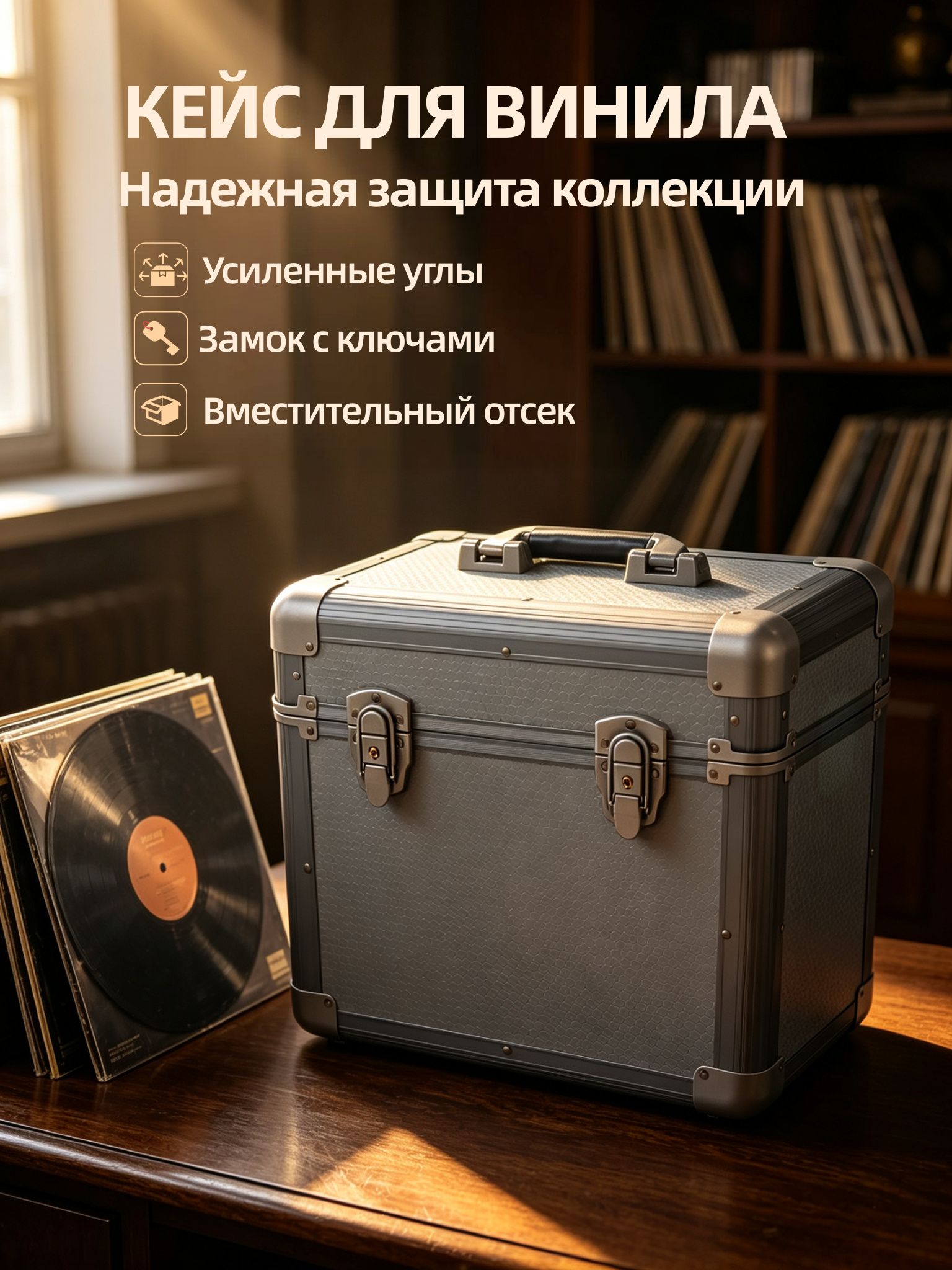Кейс-ящик для виниловых пластинок (подставка для пластинок) до 50 LP 10" и 12", алюминиевый каркас, замок с ключом, съёмная крышка