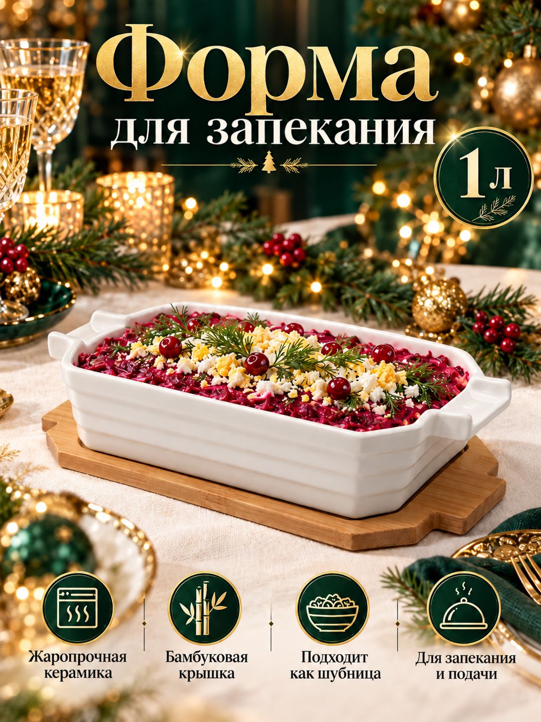 Форма для запекания, объем 1 л, размер 25,6х14,9х6.2 см, с бамбуковой крышкой, шубница, жаропрочная керамика