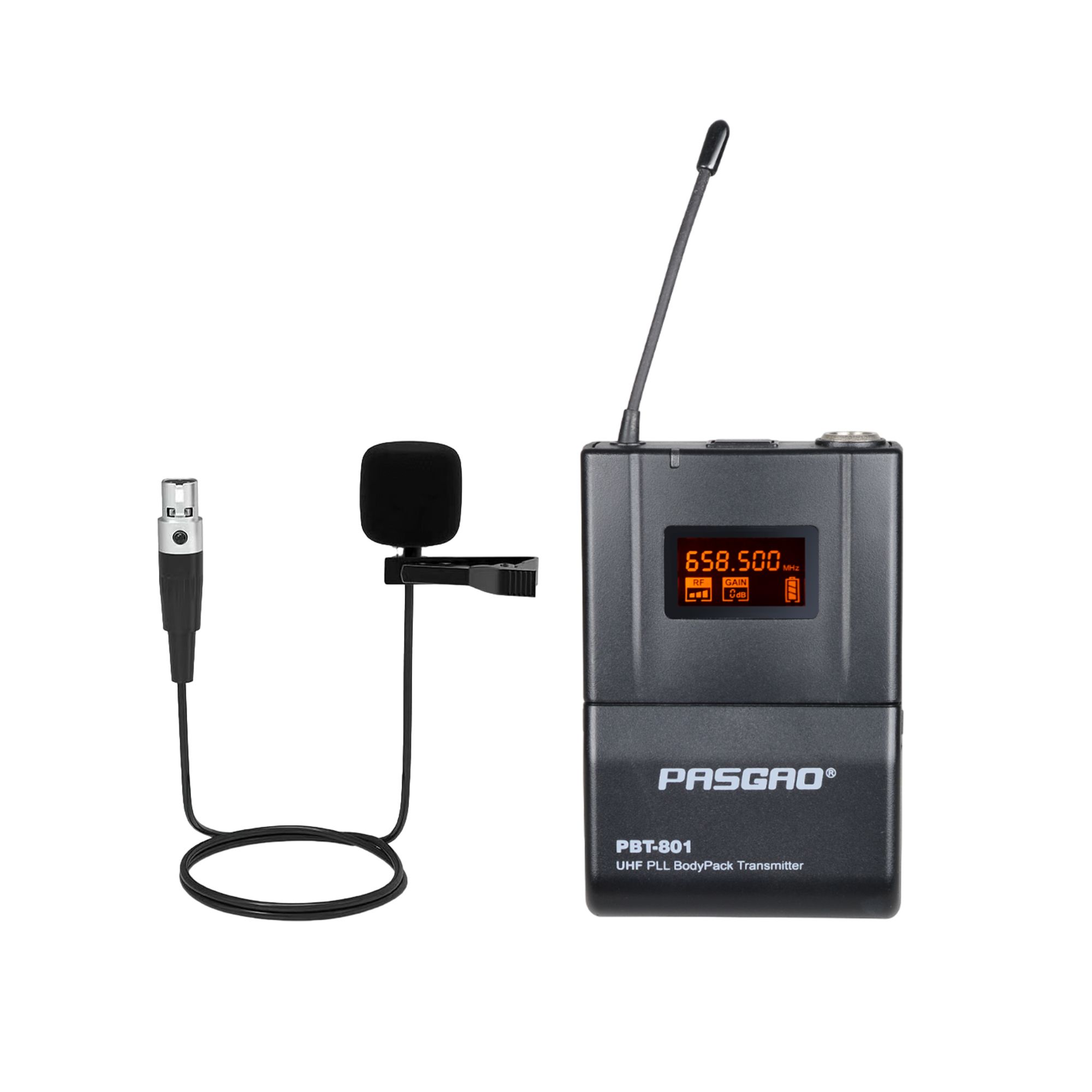PasgaoPBT-801TxBПояснойпередатчиквкомплектепетличныймикрофон(514-542Mhz)