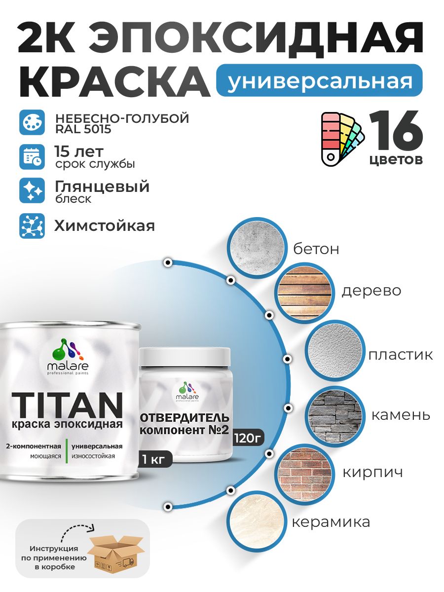 2К Эпоксидная краска Malare TITAN универсальная, двухкомпонентная влагостойкая высокопрочная износостойкая, RAL 5015 небесно-голубой, глянцевая, (1 кг + 0,12кг отвердитель)