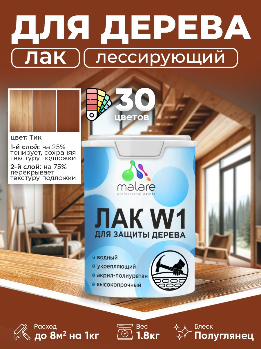 Лак колерованный тонирующий для дерева Malare W1 для деревянных и минеральных поверхностей, моющийся без запаха быстросохнущий, полуглянцевый, тик, 1.8 кг.