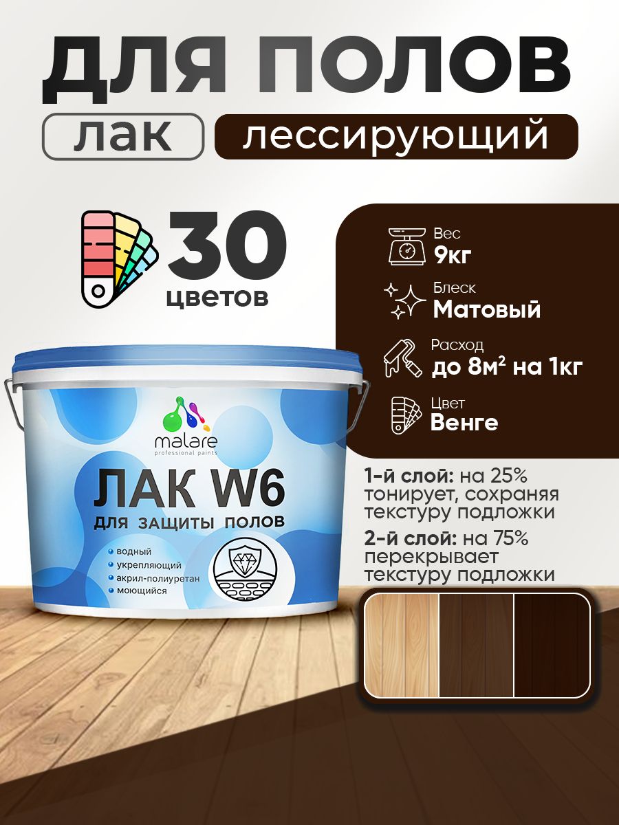Лак колерованный тонирующий для защиты пола Malare W6 для паркета и ламината, для дерева и минеральных поверхностей, водный без запаха быстросохнущий, матовый, венге, 9 кг.