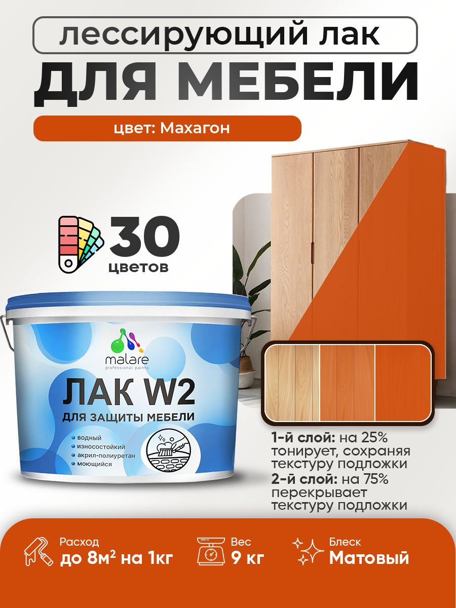 Лак колерованный тонирующий лак для мебели Malare W2 для кухонных фасадов, для дерева и минеральных поверхностей, акриловый быстросохнущий без запаха, матовый, махагон, 9 кг.