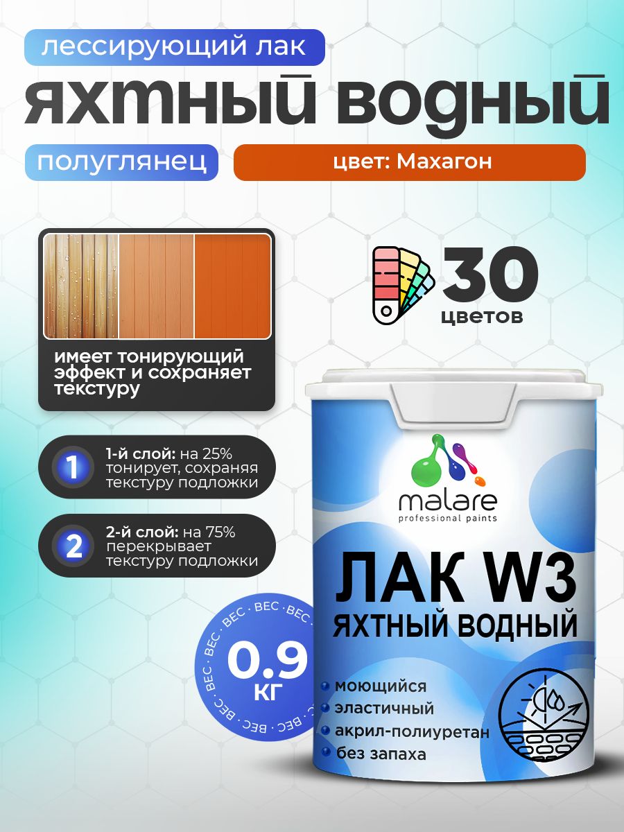 Лак колерованный тонирующий яхтный Malare W3 для деревянных и минеральных поверхностей, водный без запаха быстросохнущий, полуглянцевый, махагон, 0.9 кг.