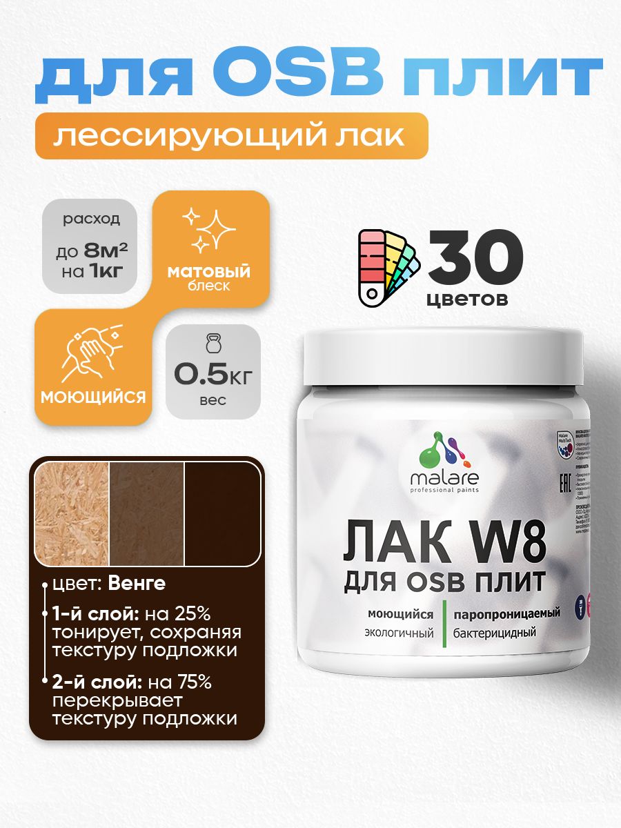 Лак колерованный тонирующий для защиты ОСБ плит Malare W8 для дерева и минеральных поверхностей, паропроницаемый водный без запаха, матовый, венге, 0.5 кг.