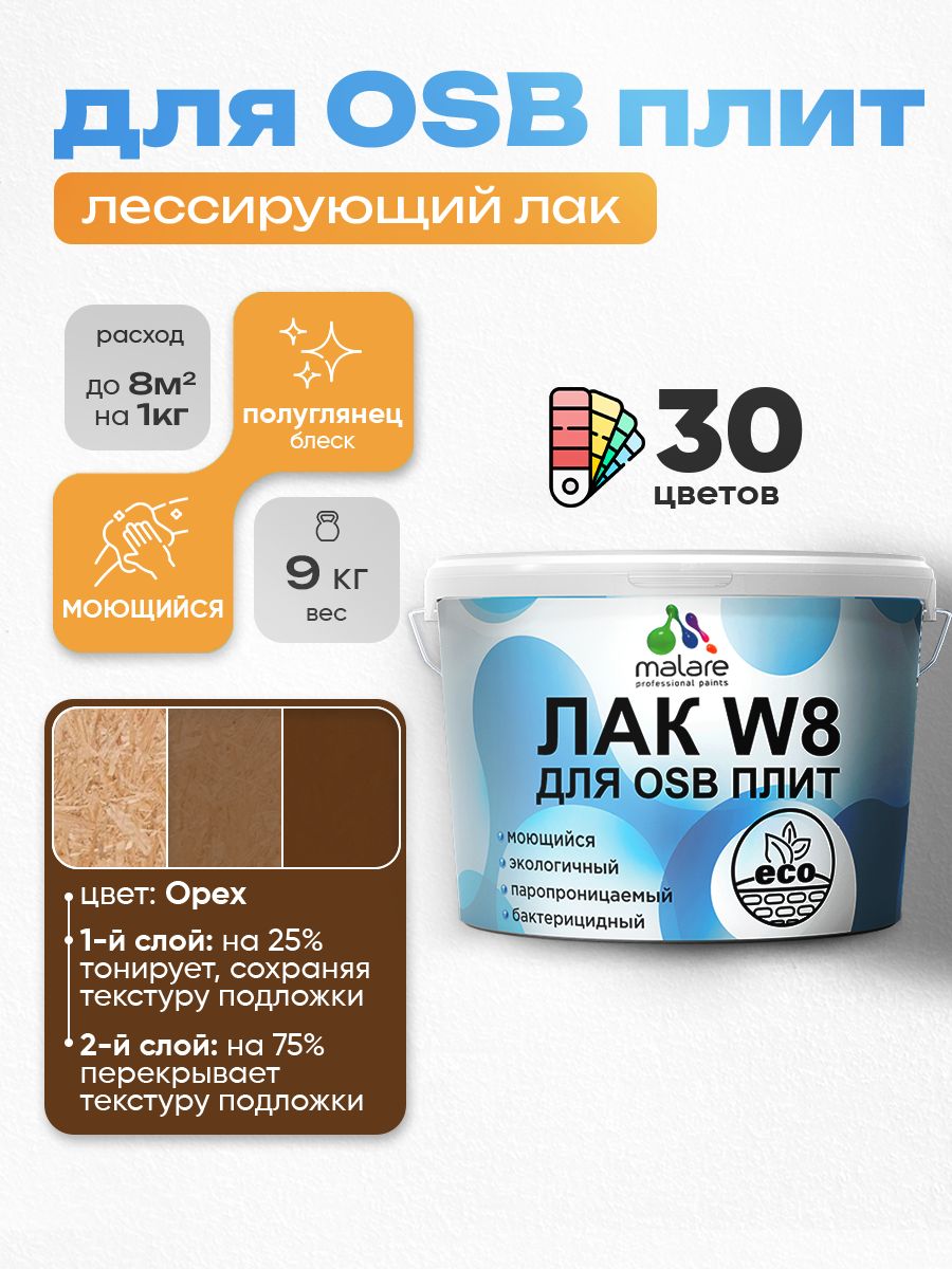 Лак колерованный тонирующий для защиты ОСБ плит Malare W8 для дерева и минеральных поверхностей, паропроницаемый водный без запаха, полуглянцевый, орех, 9 кг.