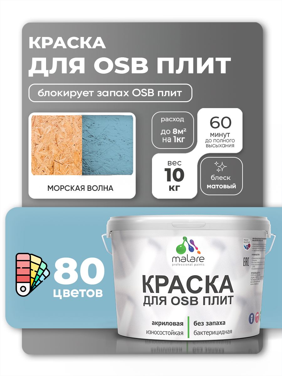 Акриловая краска для ОСБ плит Malare для дерева для наружных и внутренних работ, быстросохнущая без запаха матовая, морская волна, 10 кг