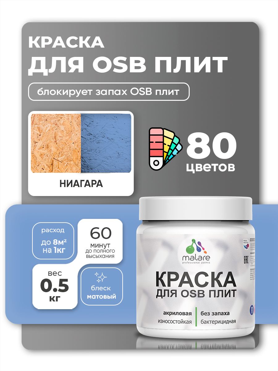 Акриловая краска для ОСБ плит Malare для дерева для наружных и внутренних работ, быстросохнущая без запаха матовая, ниагара, 0.5 кг