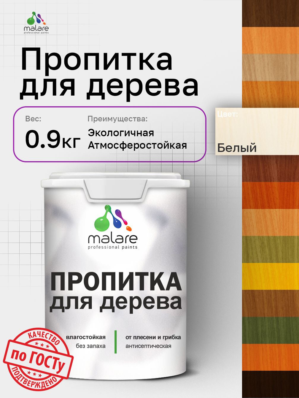 Пропитка для дерева Malare от плесени и грибка с антисептическим эффектом, пропитка для наружных и внутренних работ, акриловая водная быстросохнущая без запаха, полуглянцевая, белый, 0,9 л