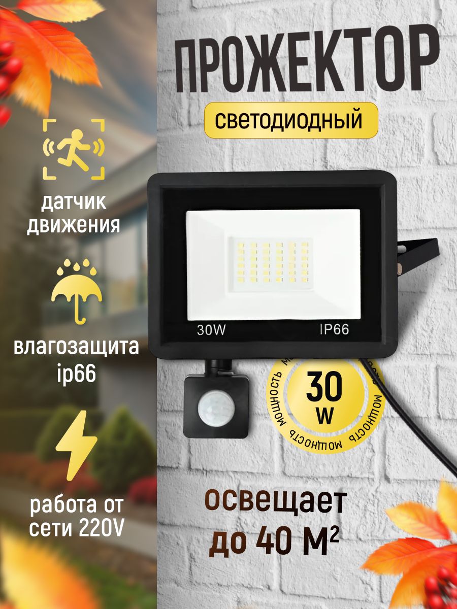 Прожекторсветодиодныйуличный30Ваттсдатчикомдвижения