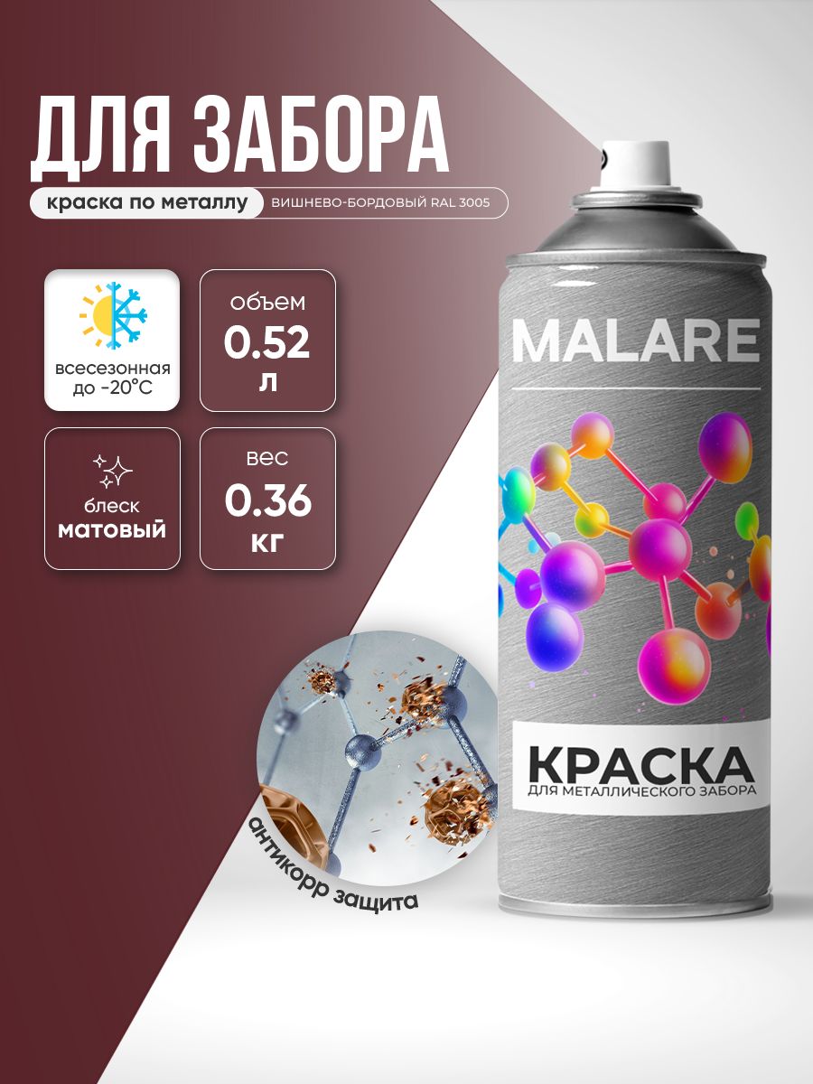 Аэрозольная краска по металлу Malare для крыш и заборов по ржавчине, для наружных работ, быстросохнущая износостойкая, матовый, вишнево-бордовый, 520 мл