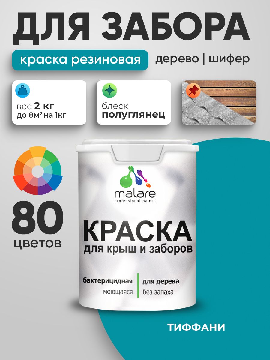 Резиновая краска Malare для деревянного забора/ по дереву для наружных и внутренних работ/ быстросохнущая моющаяся без запаха полуглянцевая, тиффани, 2 кг.